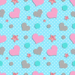 Wall murals Memphis style Memphis style seamless pattern with hearts and glitter stars. Cute endless background, template for card, banner, clothes, wrap. Vector illustration.