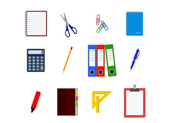 Office supplies: calculator, file folders, pencil and pen, notebook and copybook, paper clipboard, two rulers, marker, scissors, paper clips
