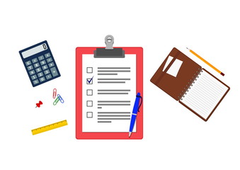Office stationery items open spiral notebook, clipboard with checklist, pen and pencil, ruler, calculator