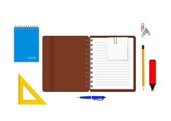 Office stationery items open spiral notebook, pen and pencil, ruler, paper clips, copybook