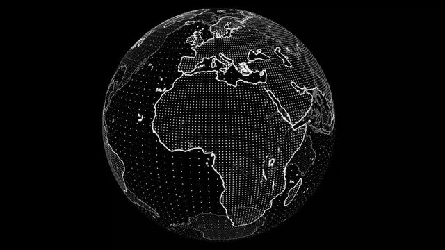 Earth globe is rotating on black and white background. Looping animation.