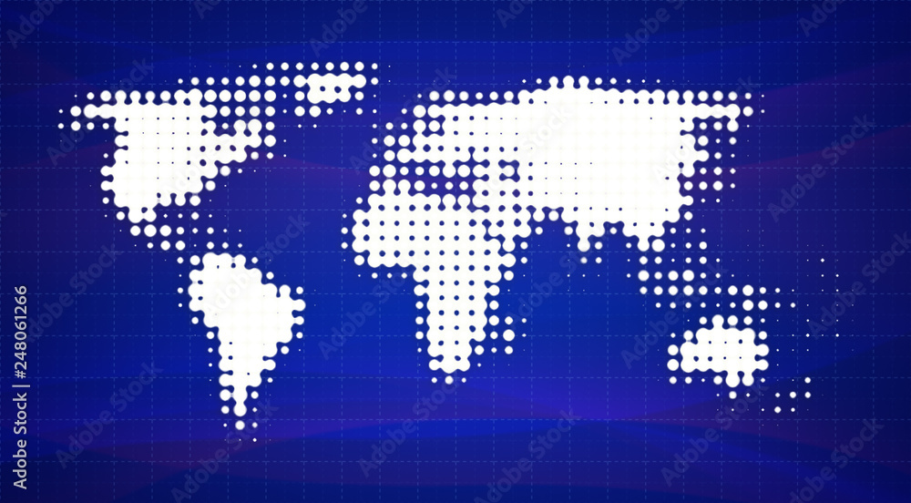 Poster abstract white dotted world map on a soft and blurred blue gradient background with square grid made
