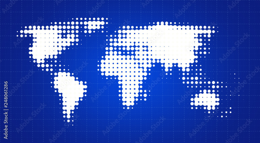 Poster abstract white dotted world map on a soft and blurred blue gradient background with square grid made