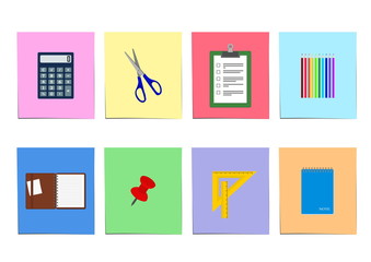 Office supplies icon set: notebook, clipboard calculator, ruler, scissors and pencils on colored sheet of paper