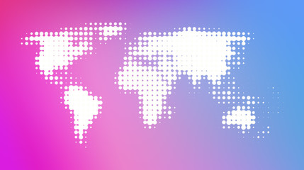Abstract white dotted world map on soft and blurred colorful pink, purple and blue gradient background.