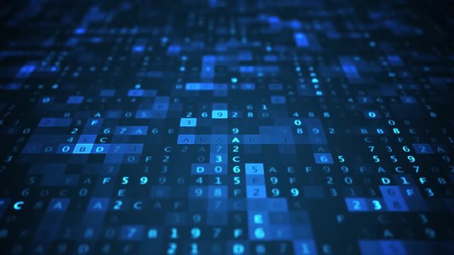 Algorithm operating with hexadecimal numbers. Technology concept. Looping animation.
