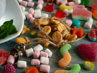 tea,biscuits,marmalade,kurabe,marshmallows,colored,tree,peppermint,marshmallows,