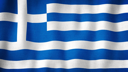 Greece flag waving in the wind. Closeup of realistic Greek flag with highly detailed fabric texture