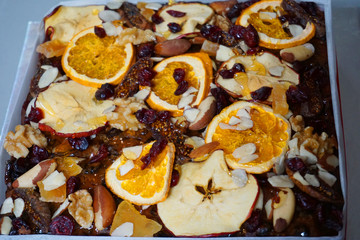 Delicious fruit cake with dried baked orange apple plum slice on top Christmas traditional foo sweet dessert homemade cake beautiful decoration food  
