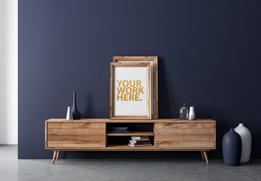 Framed Print on Wooden Console Mockup