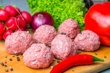 raw mince patties in a cooking . cutlets are prepared for cutting board