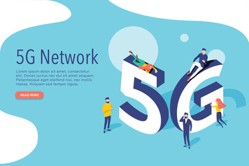 5G network wireless technology vector illustration. Isometric smartphone with big letters 5g and tiny people. High-speed