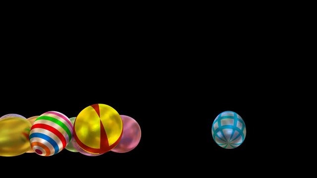 Animated close up of slowly rolling or tumbling from left to right Easter eggs or colorful glossy eggs with texture. Black background, mask included.