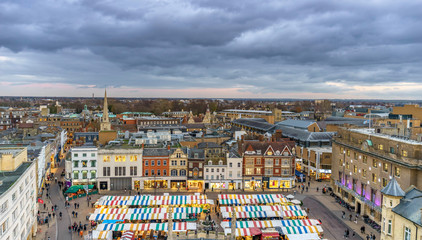  October 2018; Panoramic view of market in Cambridge, UK.