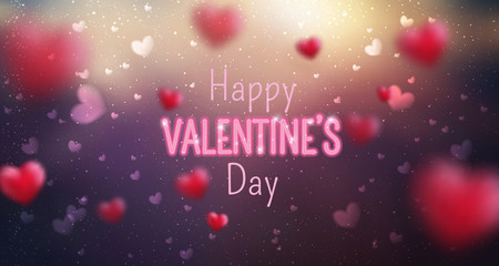 Glowing text for Happy Valentine's Day greeting card. Cute love banner for 14 February. Holiday background with 3d hearts, light