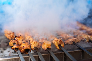 Chicken shish Kebab or kebap meat on metal skewer barbecue and embers in the Turkish restaurant. Skewering bbq Chicken Kebab..