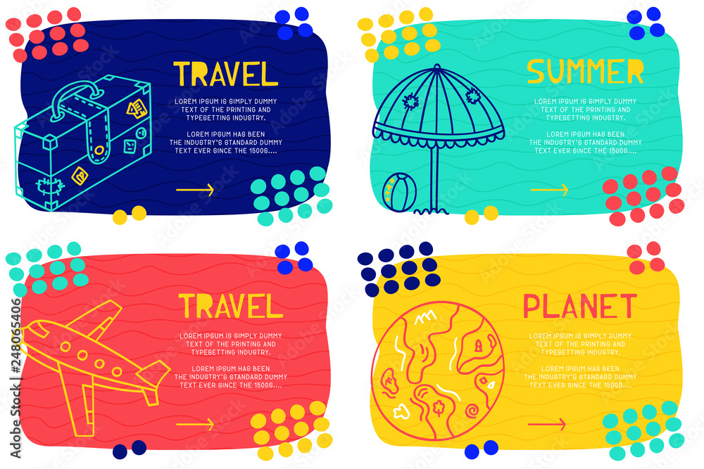 Aufkleber set abstract landing page pattern with different element, text block and doodle case, sun umbrella, 