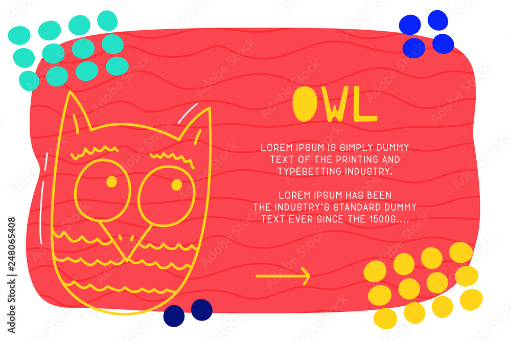 Poster abstract landing page pattern with different element, text block and doodle owl icon. vector fun bac