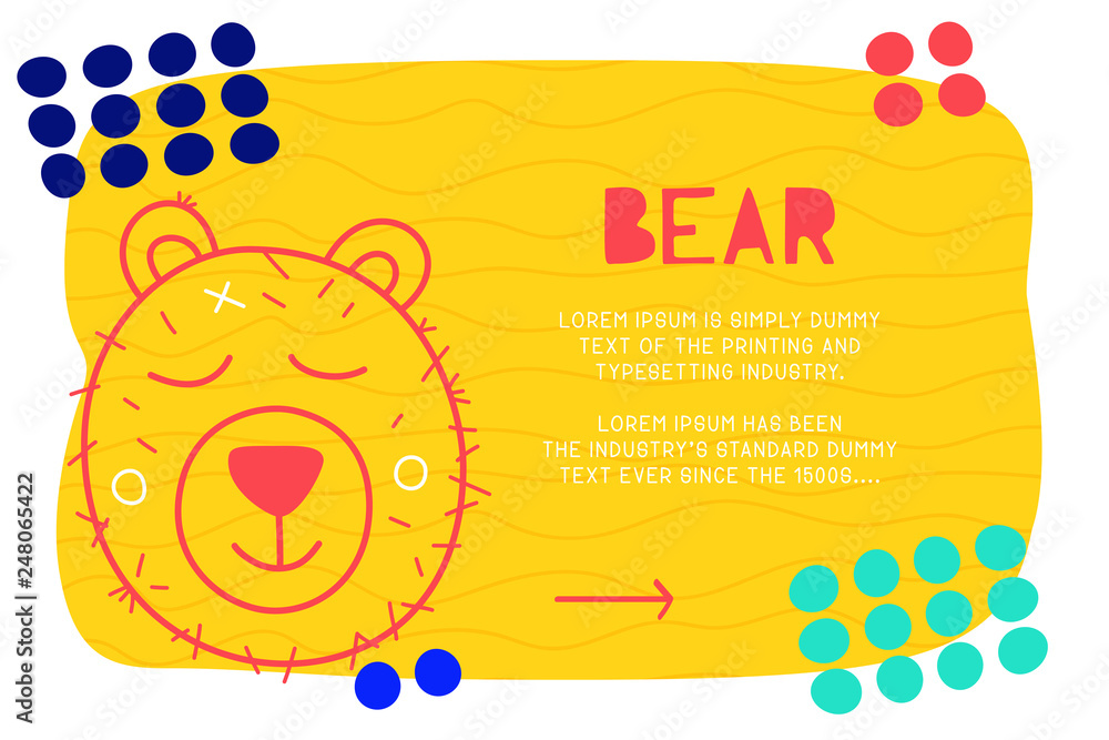 Poster abstract landing page pattern with different element, text block and doodle bear icon. vector fun ba