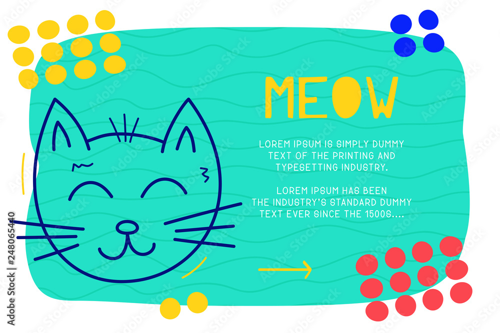 Poster abstract landing page pattern with different element, text block and doodle cat icon. vector fun bac