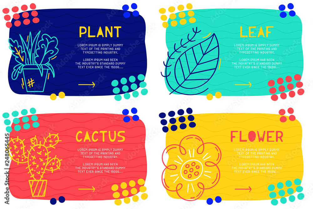 Poster set abstract landing page pattern with different element, text block and doodle plant, cactus, flowe