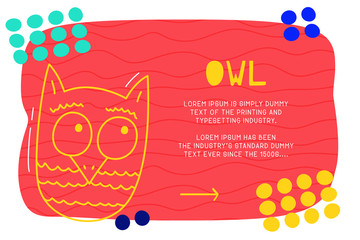 Abstract landing page pattern with different element, text block and doodle owl icon. Vector fun background