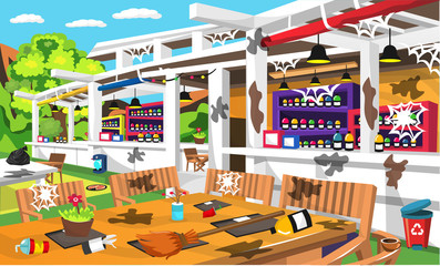 Dirty Clean Outdoor Cafe With Nature View And Big Green Tree, Wood Table And Chair, Various Drink Bottles, Trash Can For Vector Illustration Interior Ideas
