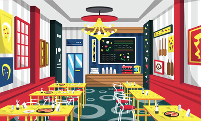 Clean Pizza Cafe With Modern Furniture, Yellow Table, Red Chair, Wall Picture, Cashir Machine, Classic Lamp For Vector Illustration Interior Ideas