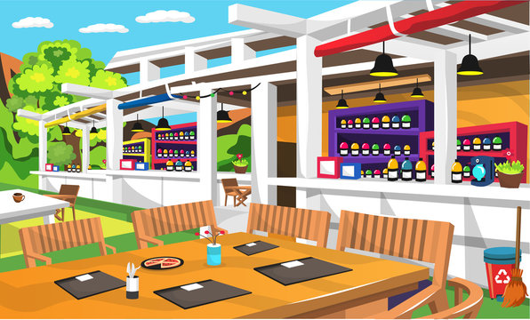 Clean Outdoor Cafe With Nature View And Big Green Tree, Wood Table And Chair, Various Drink Bottles, Trash Can For Vector Illustration Interior Ideas