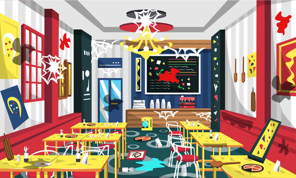 Dirty Pizza Cafe With Modern Furniture, Yellow Table, Red Chair, Wall Picture, Cashir Machine, Classic Lamp For Vector Illustration Interior Ideas