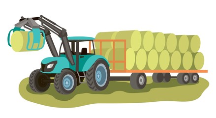 tractor with loader and bales of hay on the cart