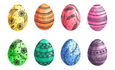 Watercolor easter eggs with black patterns. Colourful celebration design elements for decoration, seasonal tradition.