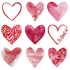 Love cliapart, nine hand-drawn watercolor hearts isolated on white background.