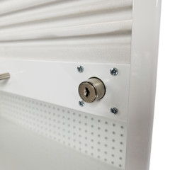 Close-up of Halfway Locking Mechanism on White Metal Cabinet with Retractable Door