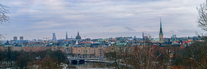 Panorama of the Strandvagen Street on Ostermalm district seen from Djurgarden island across the water in Stockholm.