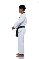 Master Black Belt TaeKwonDo handsome man instructor Teacher fighter show hit pose, studio lighting white background isolated.  White formal fighting suit, motion blur hand foots on taekwondo post.