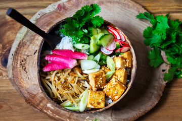 Vegan bowl with  silky tofu, bean sprouts and pickled vegetables over rice