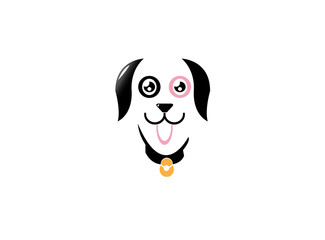 Happy cute dog wearing collar with bells and showing tongue out for logo design