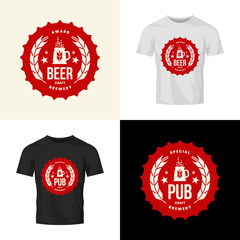 Modern craft beer drink vector logo sign for bar, pub, store, brewhouse or brewery isolated on t-shirt mock up. Premium quality mug logotype illustration set. Brewing fest fashion badge design bundle.
