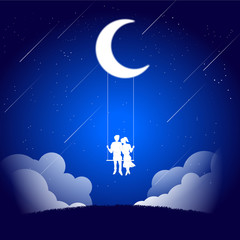 Lover couple sitting together on swing in romantic scene under the moon. valentine's day and love and anniversary theme.