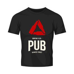 Modern craft beer drink vector logo sign for bar, pub, store, brewhouse or brewery isolated on black t-shirt mock up. Premium bottle triangle logotype illustration. Brewing fest fashion badge design.
