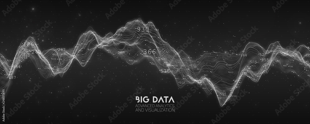 Poster Big data BW wave visualization. Futuristic infographic. Information aesthetic design. Visual data complexity. Complex business chart analytics. Social network representation. Abstract data graph.