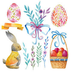 Easter set. Holiday symbols. Wicker baskets with eggs. A bouquet of wildflowers. Rabbit in a yellow shirt. Watercolor.