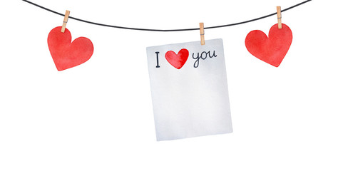 Love garland with hearts, clothespins and paper note with English words: "I love you". To decorate Saint Valentine's Day and romantic events. Hand painted water color drawing on white, cutout element.