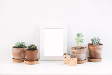 Succulents or cactus in clay pots over white background on the shelf and mock up frame photo.