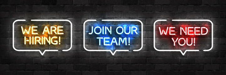 Vector set of realistic isolated neon sign of Hiring logo for decoration and covering on the wall background.