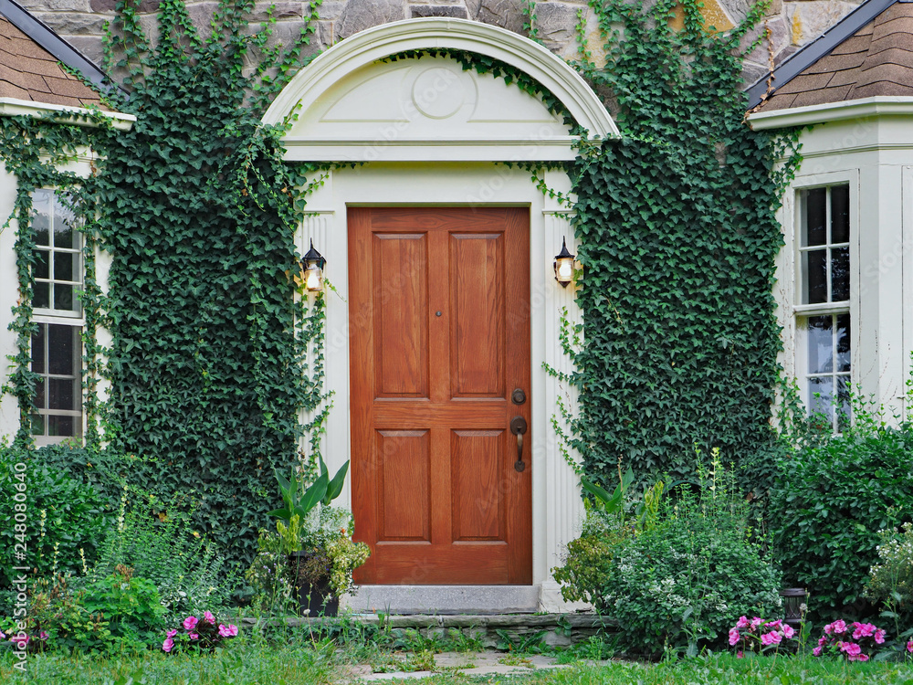 Poster elegant wooden front door of vine covered house