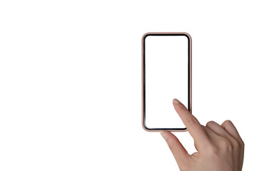 hand holding smartphone mobile and touching screen isolated on white background, cliping path inside