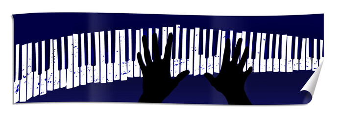 Hands are seen on a well worn and paint spattered piano keyboard. © Rob Goebel