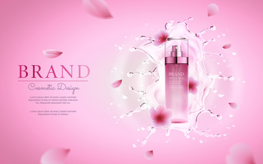 Cherry blossom cosmetic with water splashing for promotional pink poster template. Realistic 3d vector illustration.